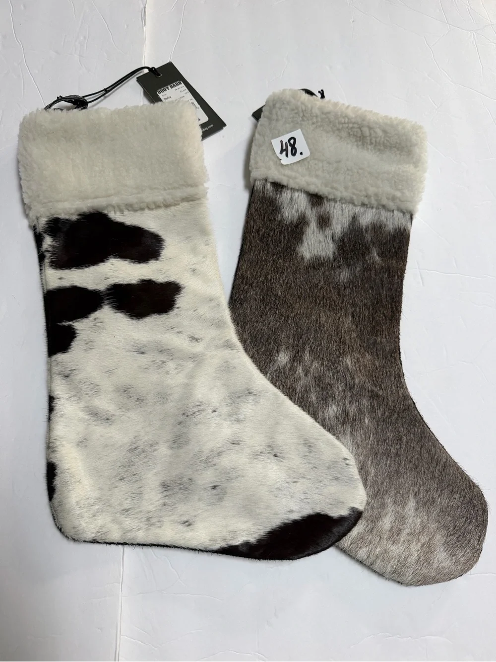 Pair Cowhide Fur Christmas Stockings - Neutral Brown & White